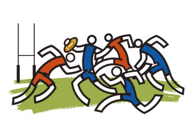 Rugby Oyuncuları, maç. Beş rugby oyuncusunun stil gösterimi. Beyaz arka planda izole edilmiş. Kullanılabilir vektör.