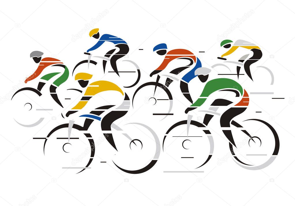 Cycling race.Stylized colorful drawing of road cyclists at full speed.Isolated on white background. Vector available.