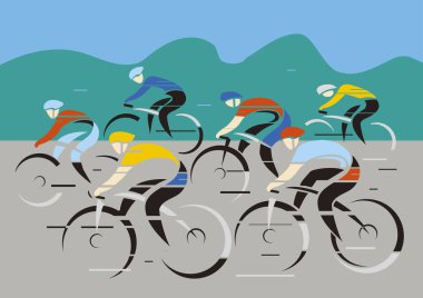 Bisiklet yarışı, peloton. Beyaz arka planda soyut arazi üzerinde son sürat giden renkli yol bisikletçilerinin çizimi. Kullanılabilir vektör.