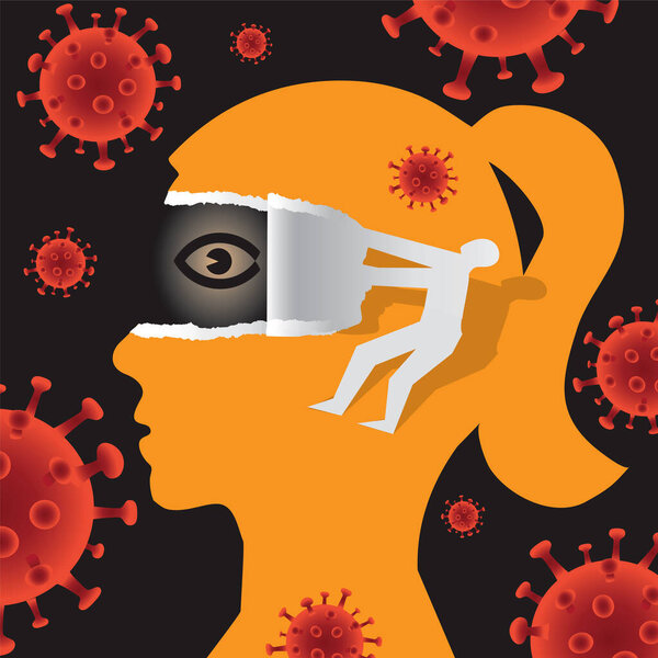 Open your eyes, Underestimating risk during a pandemic concept.Illustration of Female stylized head in profile and male silhouette ripping paper and uncovering eye. Vector available.