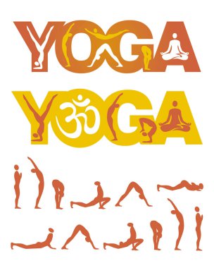 Yoga pozları ve güneş solutma ile yoga yazıtları. Yoga ikonları ve Yoga surya namaskar 'ın basamaklarının renkli bir yansıması. Kullanılabilir vektör.