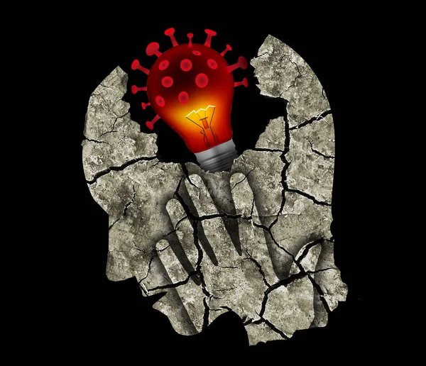 コロナビルの形をした電球で圧迫男 スタイル化された男性の頭のシルエット彼女の頭を保持します コロナウイルスのパンデミックにおける精神的問題を象徴する地球の亀裂で表現されたイラスト — ストック写真