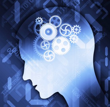 Beyni saat gibi çalışan bir adam. Erkek silueti, teçhizat ve dijital numaralarla stilize edilmiş..