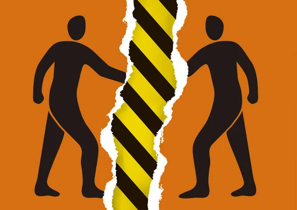 距離を保ち ウイルス感染の危険性 会議で握手2人の男性のシルエットの手でオレンジ色の紙を回します 個人的な接触と接触のリスク ベクトル利用可能 — ストックベクタ