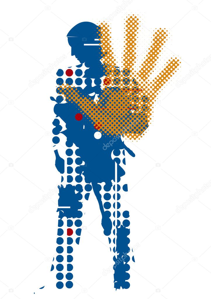 Male silhouette showing stop gesture, pandemic. Coronavirus self isolation symbol. Isolated on white background. Vector available.