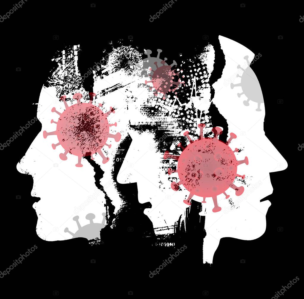 Pandemic of coronavirus, depression, human tragedy. Stylized Male heads, grunge expressive black collage of silhouettes shown in profile. Concept symbolizing pandemic of COVID 19.