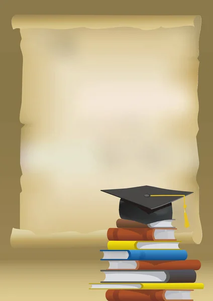 Χαρτί Περγαμηνής Καπάκι Αποφοίτησης Στοίβα Βιβλίων Εικονογράφηση Για Την Ανακοίνωση — Διανυσματικό Αρχείο