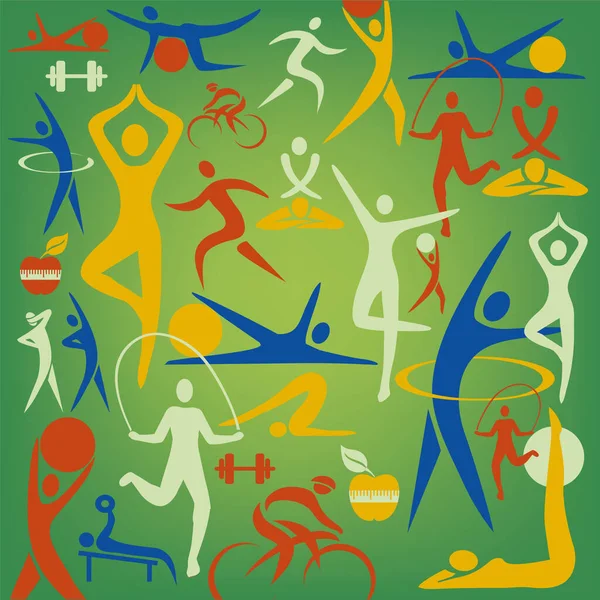 Fitness Ícones Esporte Fundo Decorativo Ilustração Colorida Com Esporte Símbolos — Vetor de Stock