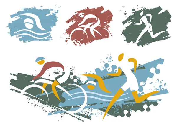 Triatlón Carrera Grunge Símbolos Ilustración Expresiva Nadador Ciclista Corredor Fondo — Vector de stock