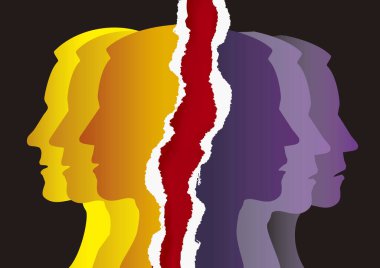 Şizofreni, manik depresyon, yırtık kağıttaki erkek siluetleri. Şekillendirilmiş erkek baş silueti tasviri. Şizofreni, bunama ve depresyonu sembolize ediyor. Kullanılabilir vektör.