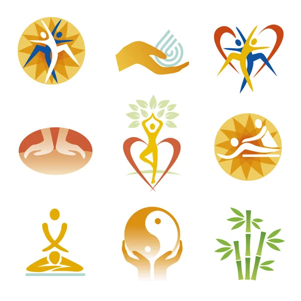 Icons Γυμναστήριο Spa Μασάζ Σύνολο Πολύχρωμα Σύμβολα Τον Αθλητισμό Χαλαρώσετε — Διανυσματικό Αρχείο