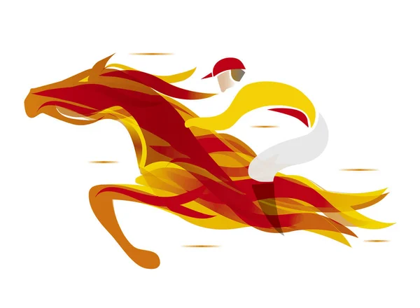 Огненная Лошадь Жокеем Красочная Стилизованная Иллюстрация Жокея Бегущей Огненной Лошади — стоковый вектор