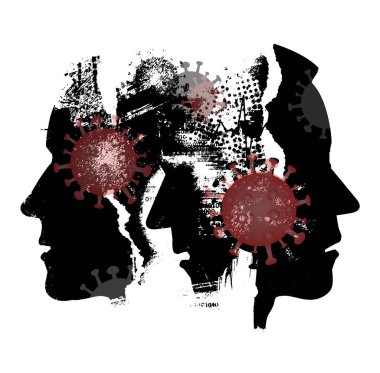 İnsanlar, yırtık kağıt arka plan, koronavirüs. Tarz sahibi erkek ve kadın silueti kağıt kaplama ve koronavirüsü keşfetme. Banner şablonu. Kullanılabilir vektör.