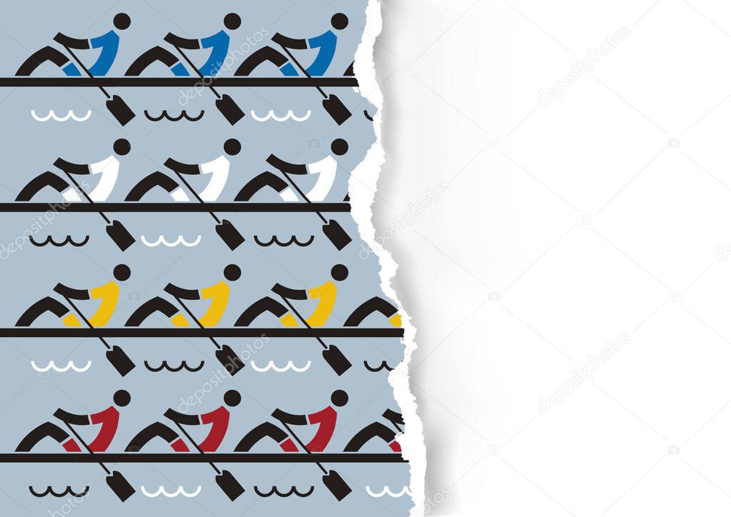 Rowing race , icons on  torn paper background.Background with Colorful rowing symbols. Banner template, place for your text or image. Vector available.