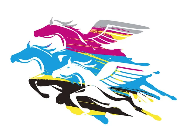 Tres Caballos Alados Colores Estampados Cmyk Colorida Ilustración Caballos Toda — Vector de stock