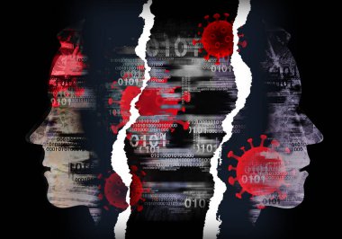 Koronavirüs salgını, depresyon, erkek başları. İki erkek, profilde Coronavirus ile gösterilen şekillendirilmiş siluetlerin grunge anlamlı kompozisyonu. COVID 19 salgınını sembolize et.