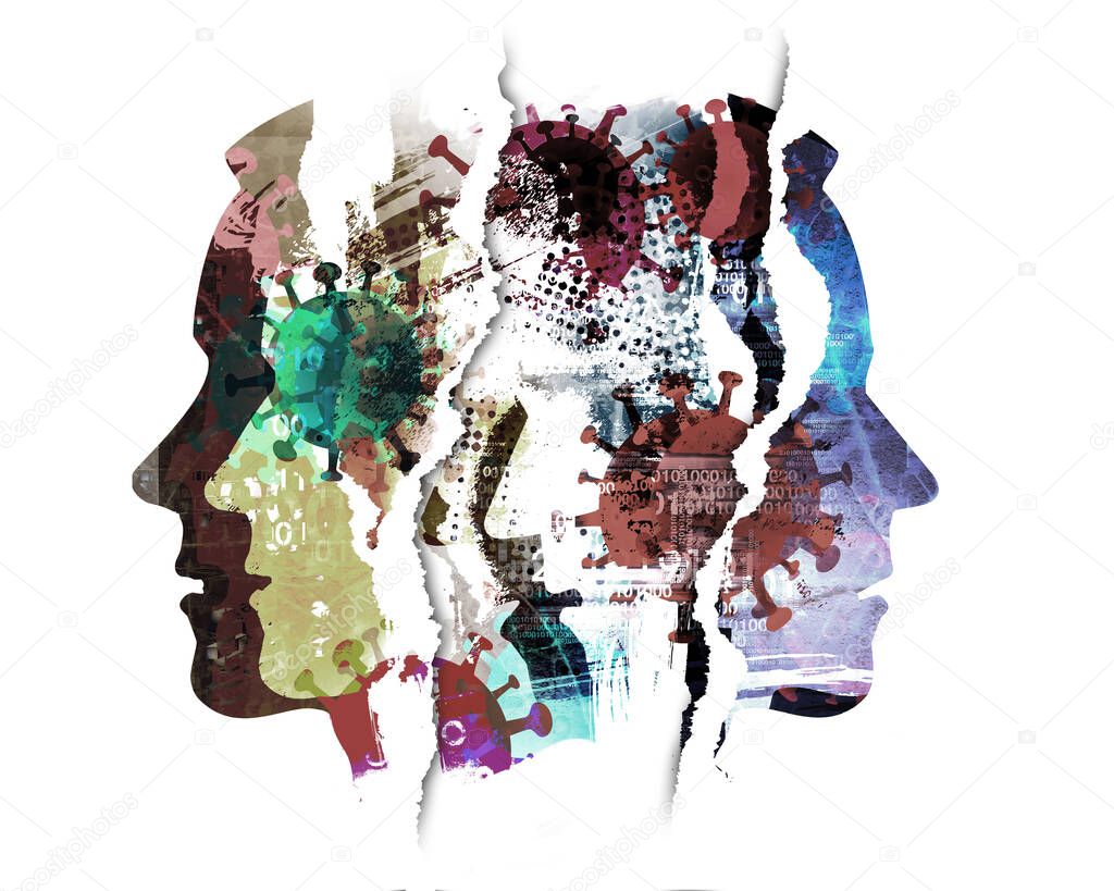 Pandemic of coronavirus, depression, human tragedy.Male heads, grunge expressive composition of stylized silhouettes shown in profile. Imitation of watercolor painting symbolizing pandemic COVID 19.