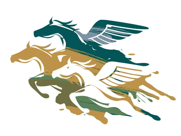 Drie Krachtige Gevleugelde Paarden Kleurrijke Illustratie Van Krachtige Mythologische Paarden — Stockvector