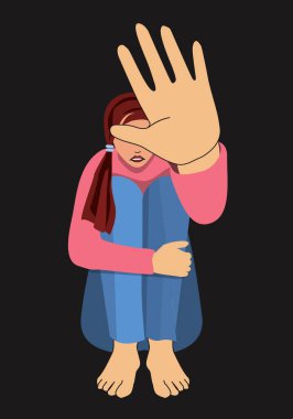 Çaresiz ve korkmuş bir kız, aile içi şiddet. Kolu savunmada olan çaresiz genç bir kadının görüntüsü. Siyah arka planda izole edilmiş. Kullanılabilir vektör.