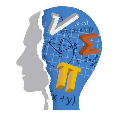 Matematik, eğitim konsepti öğrencisi. Yırtılmış kağıt, erkek kafasını matematik sembolleri ve notlarla şekillendirmiş. Kullanılabilir vektör.