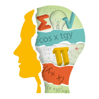 Matematik öğrencisi, yırtık kağıt, eğitim konsepti. Yırtık kağıt, erkek kafası. Matematik sembolleri, formülleri ve notları olan yırtık kağıt parçaları. Kullanılabilir vektör.