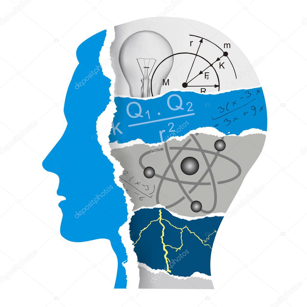 Student of Physics, paper collage silhouette.Male head stylized silhouette with torn paper with Physics symbols and physical formulas. Vector available.