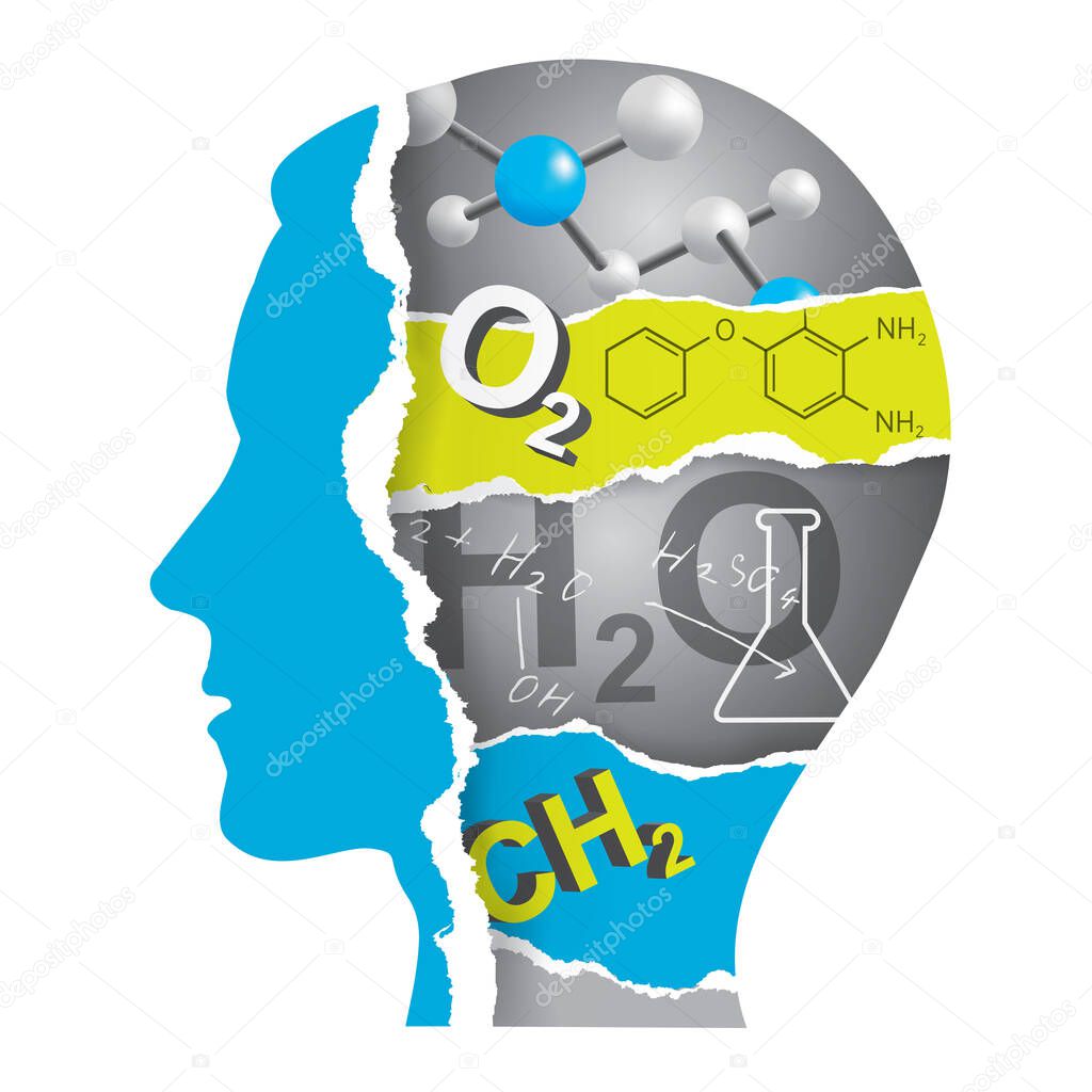 Student of Chemistry, paper collage silhouette.Male head stylized silhouette with torn paper fragments with Chemistry symbols and formulas. Vector available.