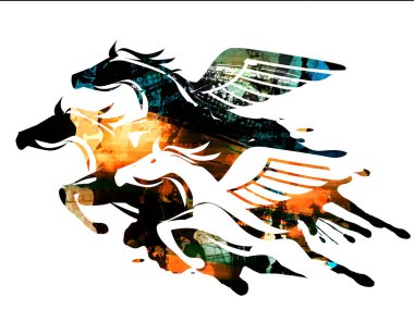 Üç güçlü kanatlı at. Full Speed 'deki güçlü mitolojik atların renkli çizimi. 