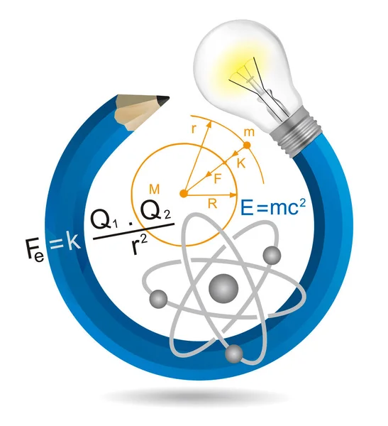 遊び心のある物理学 教育の概念 電球や物理記号とカラフルなツイストペンシルのイラスト 白い背景に隔離されている ベクトル利用可能 — ストックベクタ