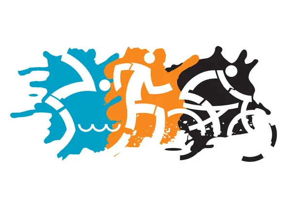 Drei Triathlonfahrer Ausdrucksstarke Dynamische Zeichnung Drei Triathlonathleten Grunge Hintergrund Vektor — Stockvektor