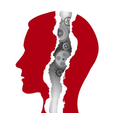 Psikoloji, akıl sağlığı konsepti. Profilde kırmızı erkek kafası ve kağıttaki yırtık bir delikte dişliler. Kullanılabilir vektör.