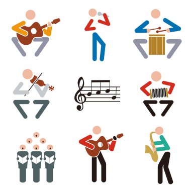 Music, musicians icons.Set of  colorful musical symbols. Isolated on white background. Vector available.  clipart