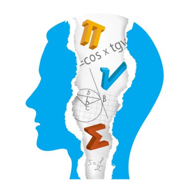 Matematik silueti, yırtık kağıt, eğitim konsepti. Yırtık kağıt parçalarıyla erkek kafasını matematik sembolleri, formüller ve notlarla şekillendirmiş. Kullanılabilir vektör.