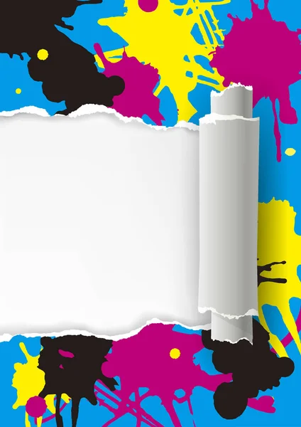 Κομμένο Χαρτί Τυλιγμένο Χρώματα Εκτύπωσης Σκισμένο Χαρτί Χρωματιστές Πιτσιλιές Έννοια — Διανυσματικό Αρχείο