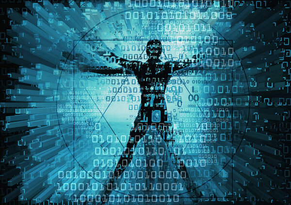 Modern Vitruvian man and computer data.Futuristic grunge stylized Illustration of blue vitruvian man with destroyed binary codes,3d graphic elements.