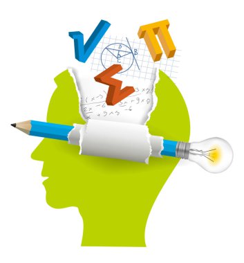 Matematik, zekice çözümler. Matematik sembolleri ve ampullü kalemle şekillendirilmiş erkek baş silueti. Kullanılabilir vektör.