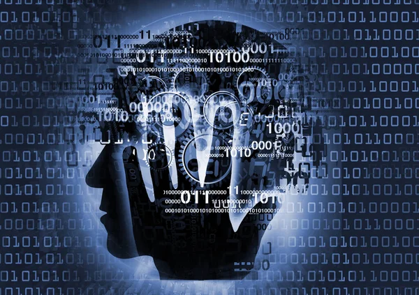 Programmer, computer expert, man silhouette. Stylized male head, programmer, computer expert silhouette holding his head, with binary codes and gear.