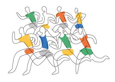 Yarış maratonu, çizgi sanatı stilize. Renkli çizgi sanatı sekiz koşu yarışçısının tasviri. Beyaz arka planda izole edilmiş. Kullanılabilir vektör.