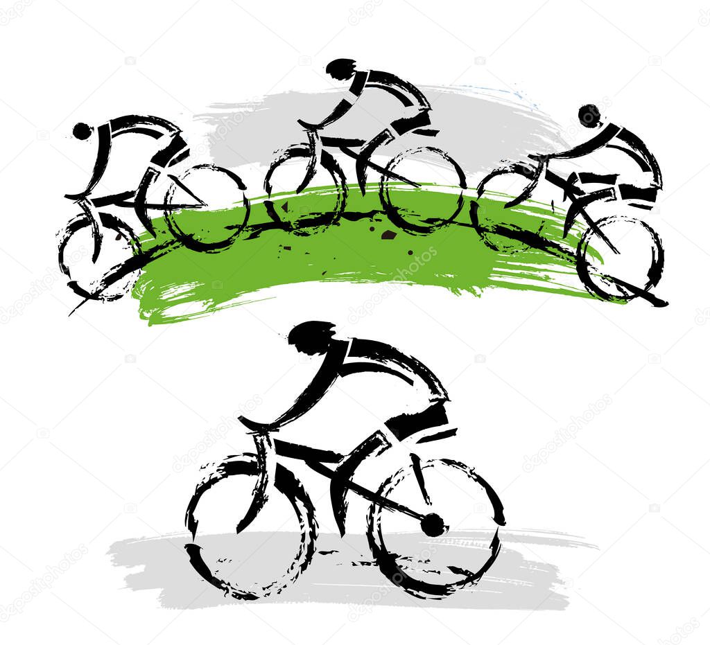 Mountain bikers on a hill. Two expressive grunge stylized illustrations of  mountain bikers. Isolated on white background. Vector available.