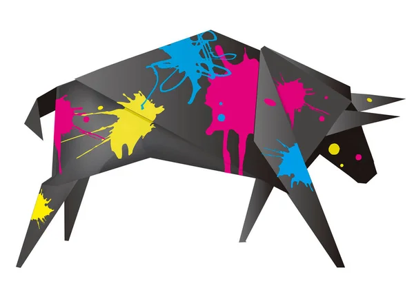 Zwarte Origami Stier Met Print Kleuren Stylizedf Illustratie Van Papier — Stockvector