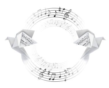 Yuvarlak dekoratif çerçeve ve müzik notaları olan Origami güvercinleri. Kağıt güvercinlerin stilize edilmiş çizimi ve notalarla çevrili daire. Şiirsel müzik motifi. Mesajın için yer aç. Kullanılabilir vektör.