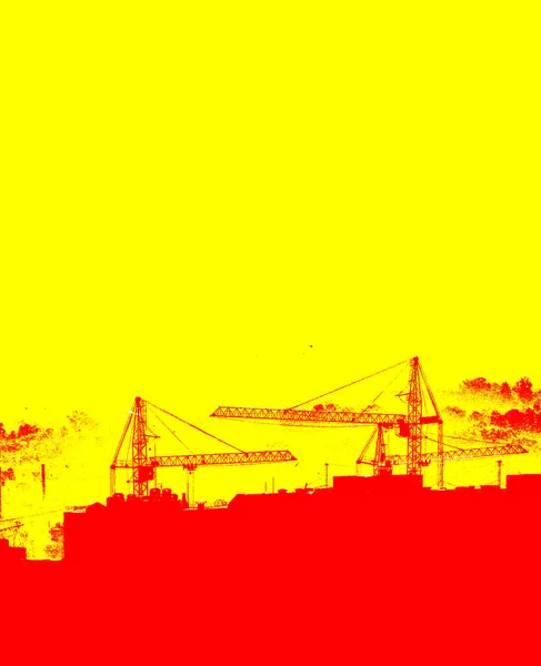 Silhouettes of lifting cranes, new multi-storey buildings construction in red and yellow version. Art poster with space for text.