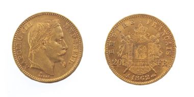 Gold coin of Napoleon III Emperor France front and back of fine gold, isolated on pure white background clipart