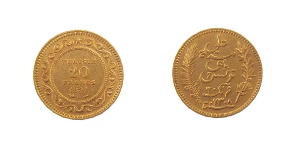 Zlatá Mince Tuniska Tuniský Přední Zadní Ryzího Zlata Izolované Čistě — Stock fotografie