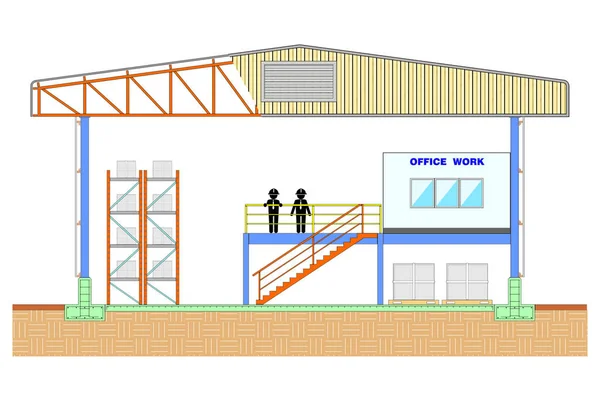 Edificio del magazzino, sezione stoccaggio, illustrazione vettoriale di progettazione della struttura illustrazione vettoriale — Vettoriale Stock