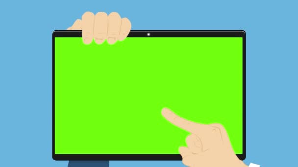 Передній Вид Анімаційного Бізнесмена Сенсорний Екран Комп Ютера Кінчиком Пальця — стокове відео