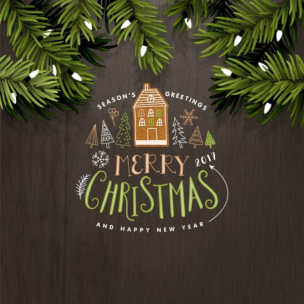 Houten achtergrond Christmas wenskaart. Merry Christmas-belettering — Stockvector