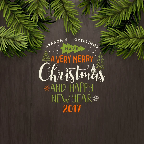 Podłoże drewniane świąteczne z życzeniami. Merry Christmas napis — Wektor stockowy