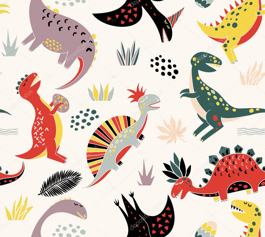 Seamless pattern with different dinosaurs