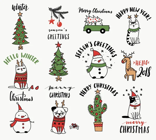 Kerstmis Nieuwjaar Cartoon Doodle Belettering Illustratie Wenskaarten Ideeën — Stockvector